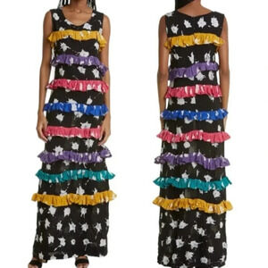 BUSAYO Ropo Splatter Print Tiered Ruffle Maxi Dress Black Size M NWT